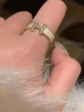 Hermes Cream Enamel Ring with Gold 'H' and Crystal Accents